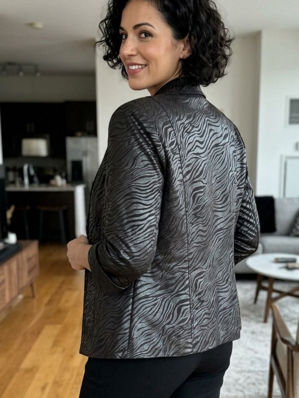 Womens Metallic Zebra-Print Blazer Jacket - Dark Gray